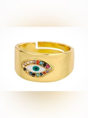 Gold Evil Eye Multicolor Gemstone Adjustable Ring - Women Jewelry